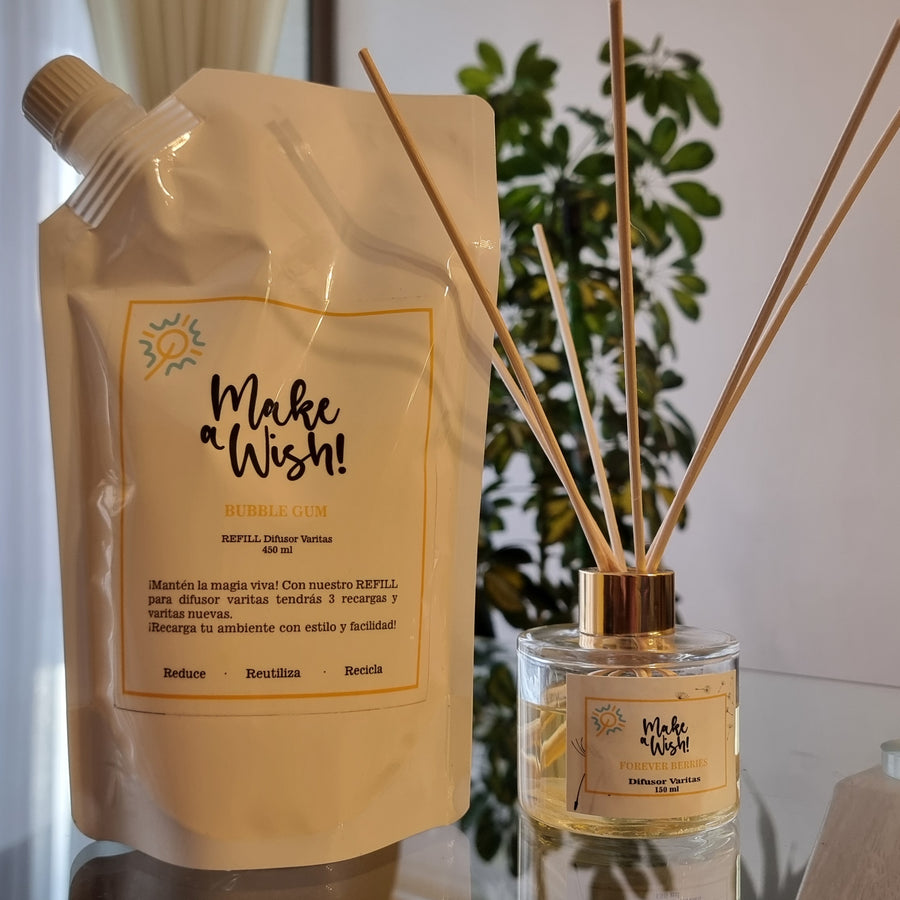 Pack "Encanto en el aire": 1 refill 450 ML + 1 Difusor varitas 150 ml + 12 varitas de ratán + 1 muestra de regalo  + ENVÍO GRATIS